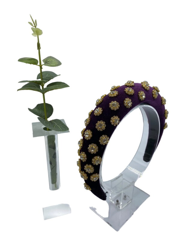 Purple deep padded millinery made headband crown with gold embellished detail.